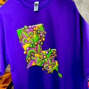 Unisex t shirt Louisiana. Mardi Gras theme purple with multi colors In transfer